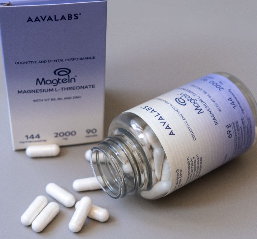Aavalabs Magtein Magnesium L-Threonat Kapseln, Flasche liegt umgekippt.