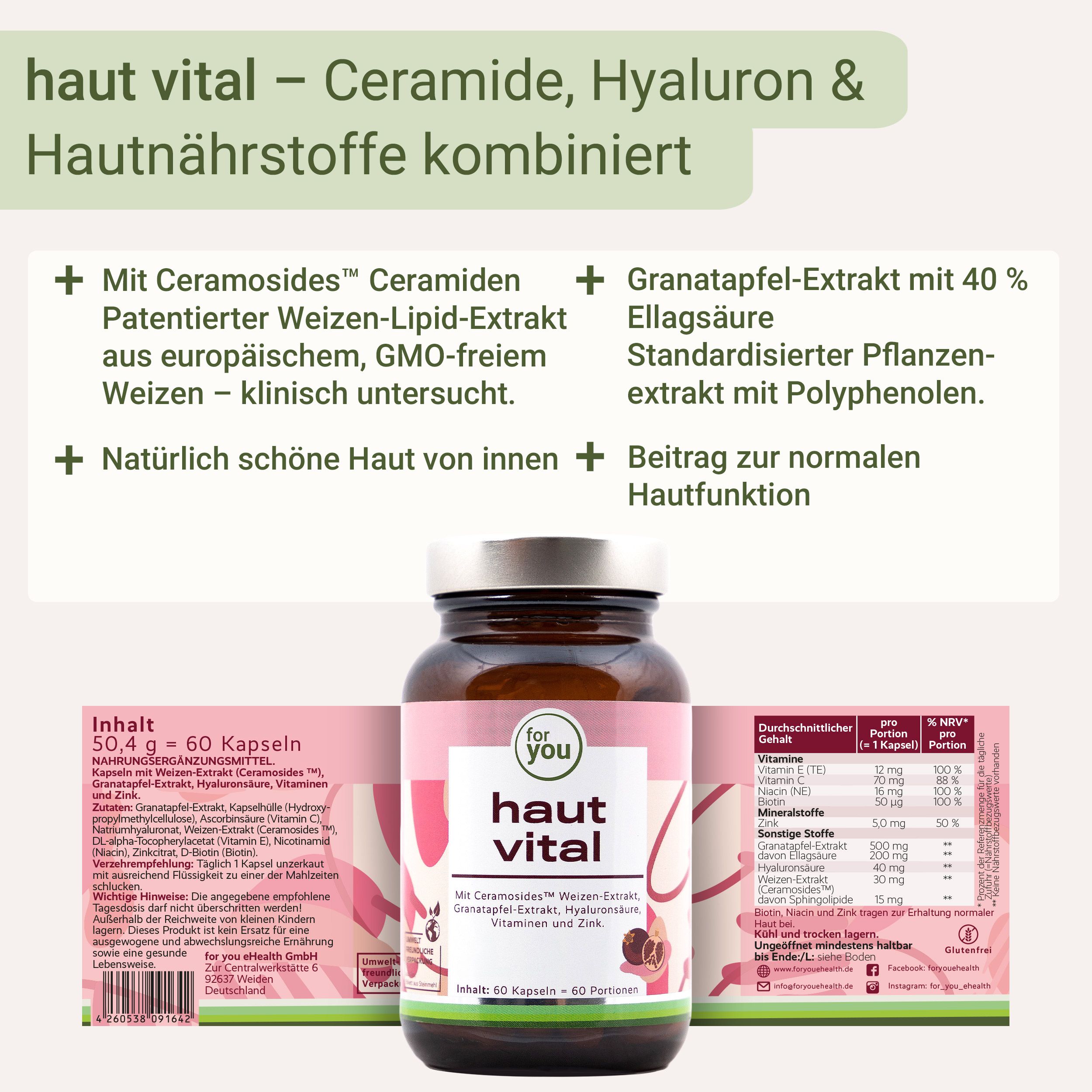 Flasche Haut Vital mit detaillierter Nährwerttabelle und Inhaltsstoffen.