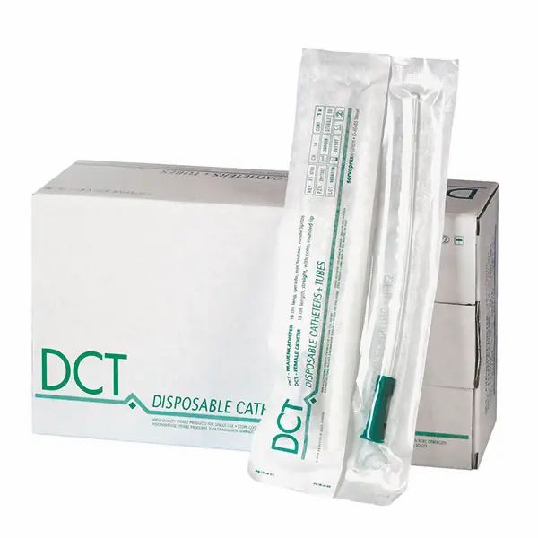 Verpackung mit DCT-Katheter. Einzeln verpackter Katheter, grünlicher Konnektor. Karton mit DCT-Logo und Produktbezeichnung.