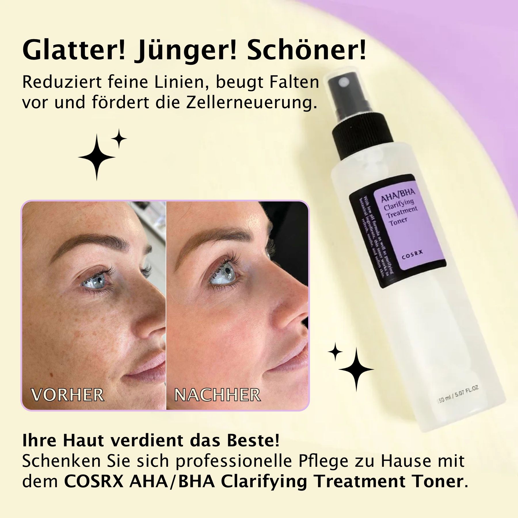Weiße Sprühflasche mit schwarzem Deckel. Etikett: AHA/BHA Clarifying Treatment Toner, COSRX. Vorher-Nachher-Gesichter.