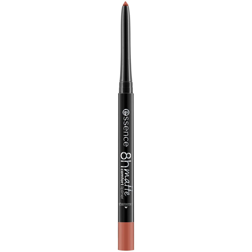 Lippenstiftstift, braun-rosa, mit schwarzem Gehäuse. Aufschrift: essence 8h matte comfort liner.