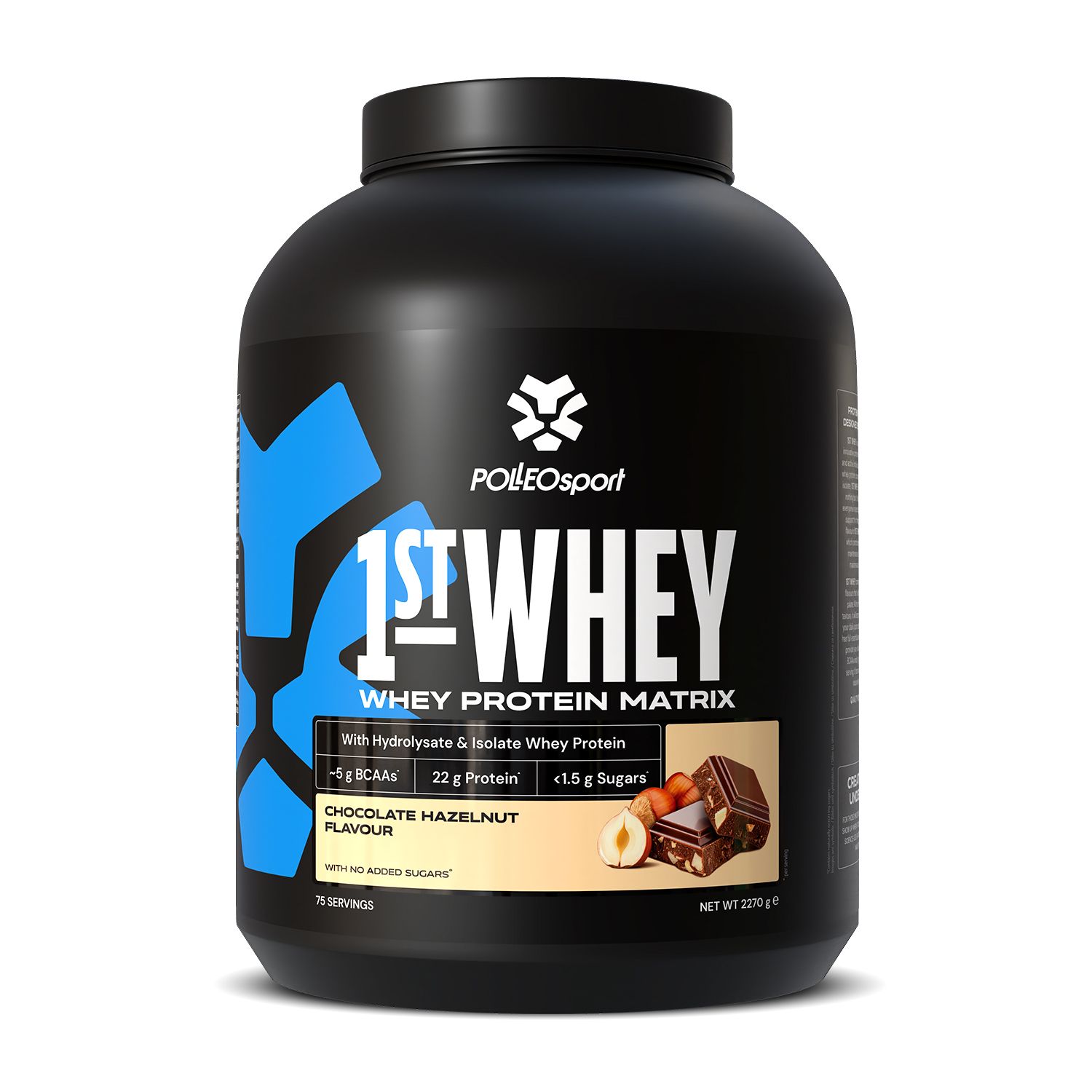 Schwarzer Behälter mit blauem Akzent, Produktname „1st Whey“. Aufdrucke: „Chocolate Hazelnut Flavour“, „2270 g“.