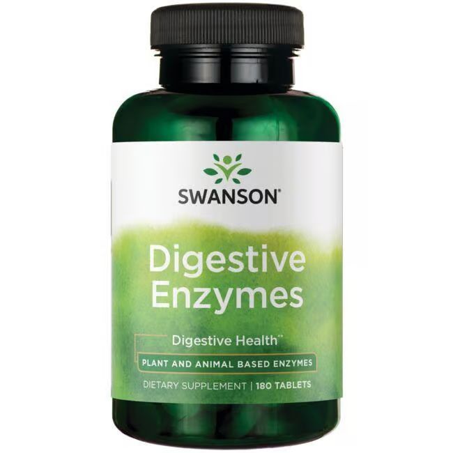 Grüne Flasche mit schwarzem Deckel. Aufschrift: SWANSON Digestive Enzymes. 180 Tabletten.