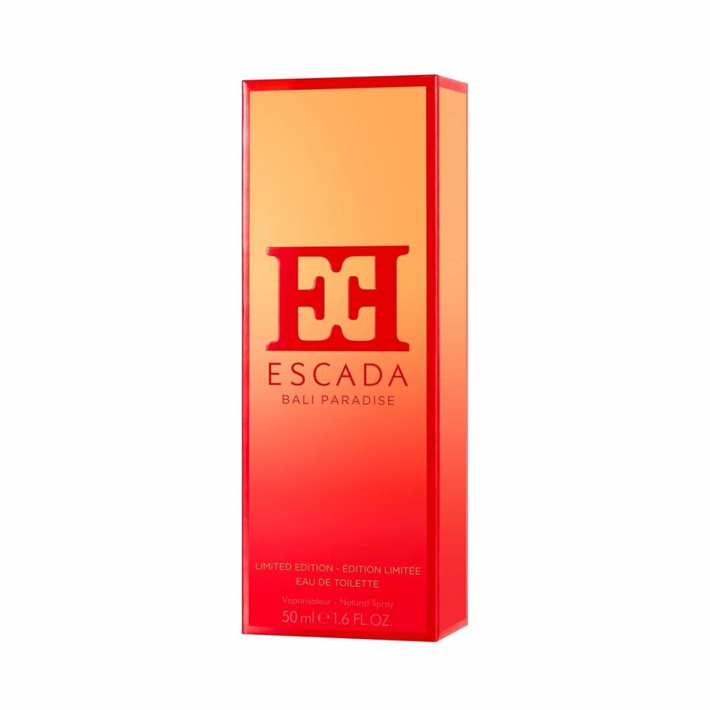 Verpackung. Aufschrift: ESCADA BALI PARADISE. Limited Edition. 50 ml. Farbverlauf von orange nach rot.