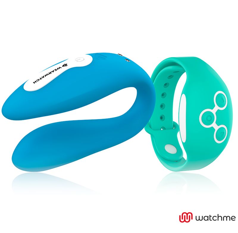 Blauer Wearwatch Dual-Technologie Vibrator neben einem türkisfarbenen Armband mit Bedienelementen.
