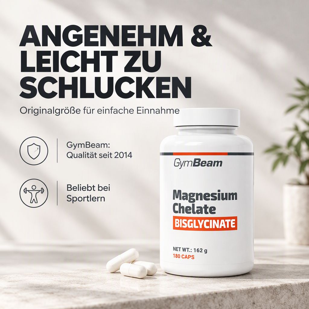 GymBeam Magnesium Chelate Bisglycinate Kapseln, 180 Stück. Qualität seit 2014, beliebt bei Sportlern, leicht zu schlucken.