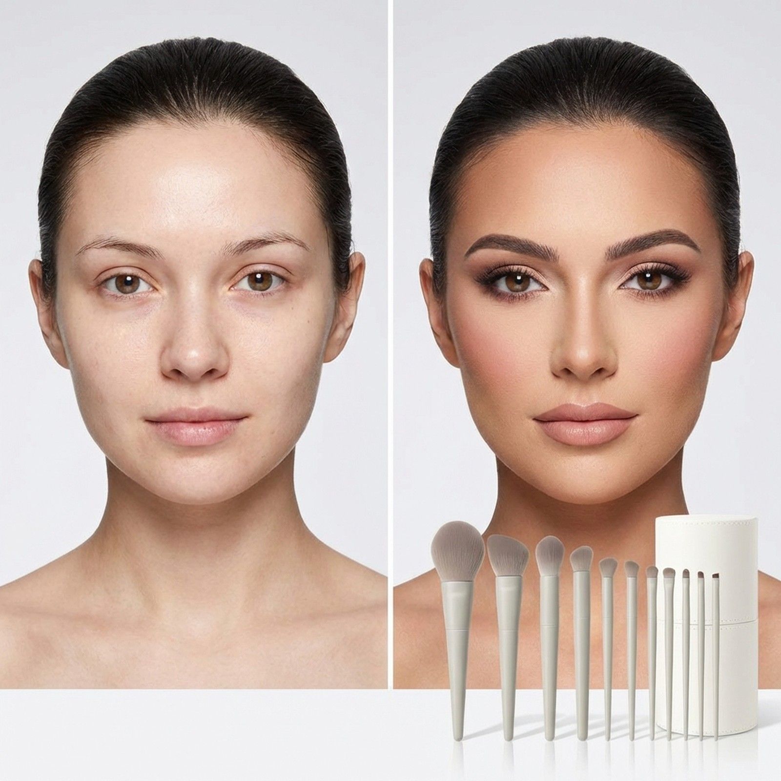 Set mit acht hellgrauen Make-up-Pinseln in einem weißen Behälter.