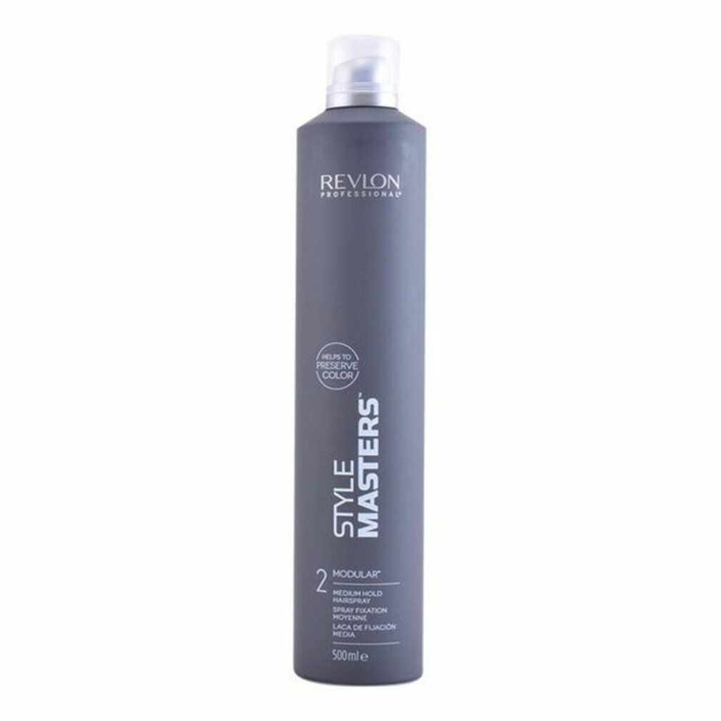 Graue Sprühflasche mit weißem Deckel. Aufschrift: Revlon Professional, Style Masters, Modular, Medium Hold, 500ml.