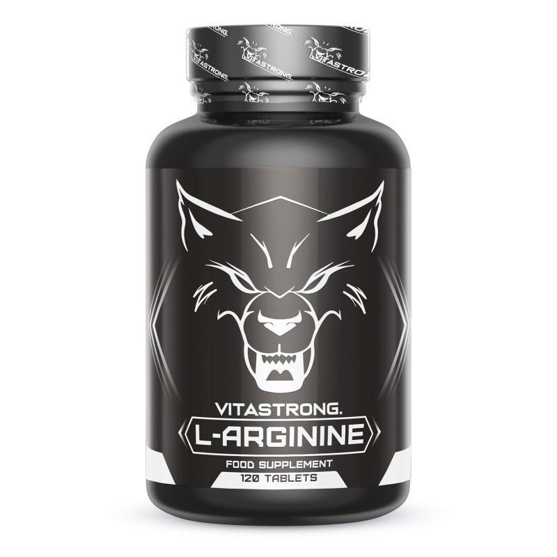 Schwarze Flasche Vitastrong L-Arginin. Wolfslogo, L-Arginin, 120 Tabletten. Nahrungsergänzungsmittel.