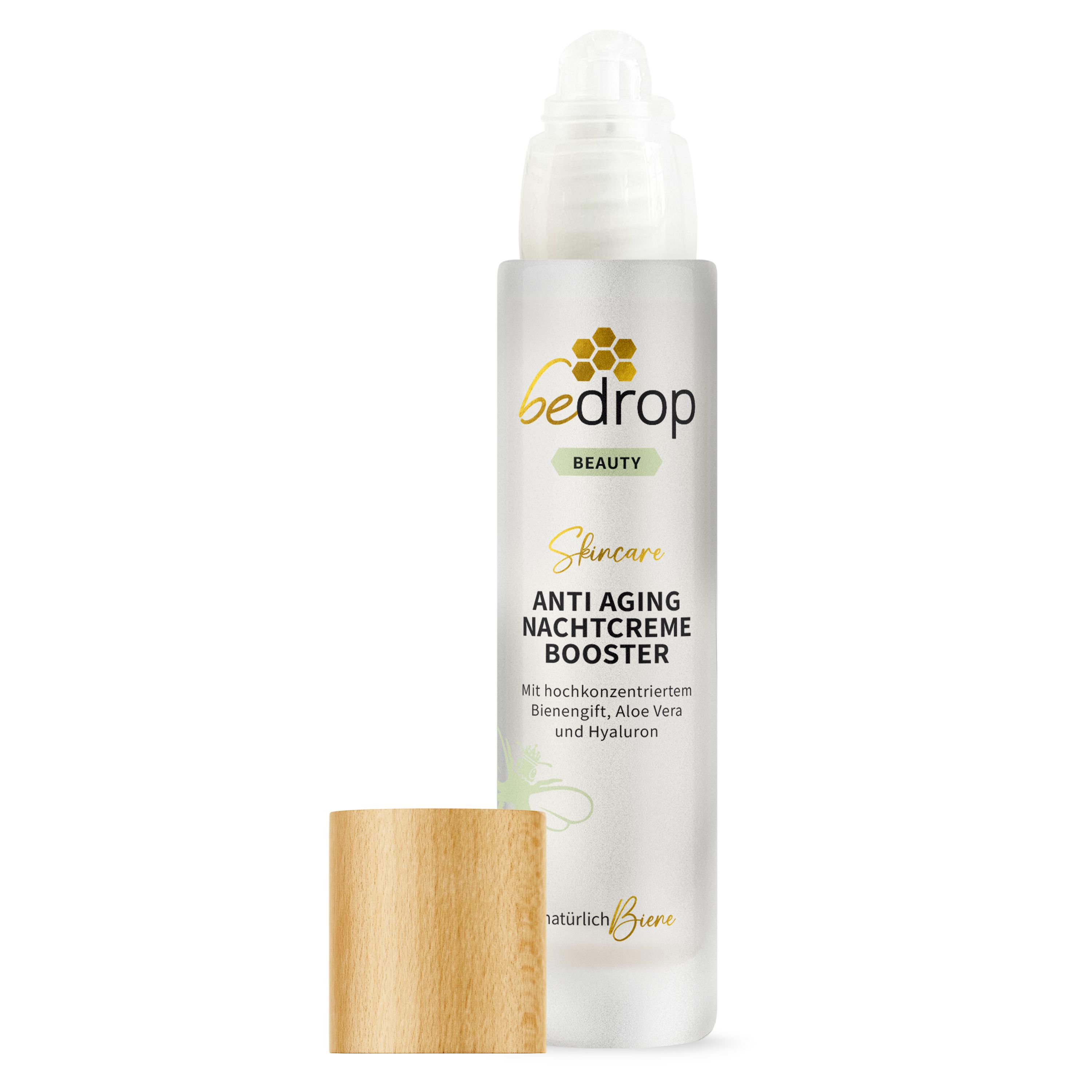 Eine Flasche der Anti-Aging Nachtcreme Booster mit geöffnetem Deckel. Aufschrift: bedrop Beauty, Anti Aging Nachtcreme Booster.