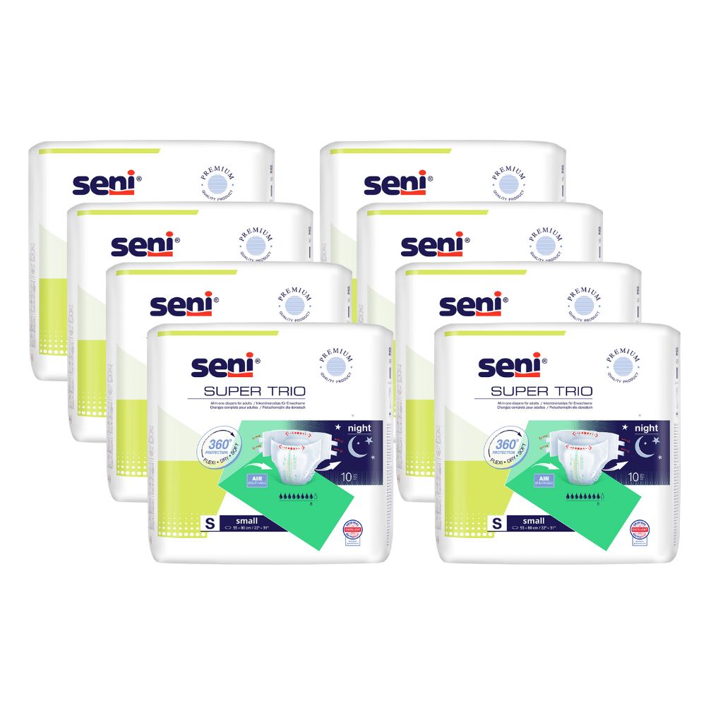 Packungen mit Seni Super Trio Inkontinenz-Slips in Größe S.