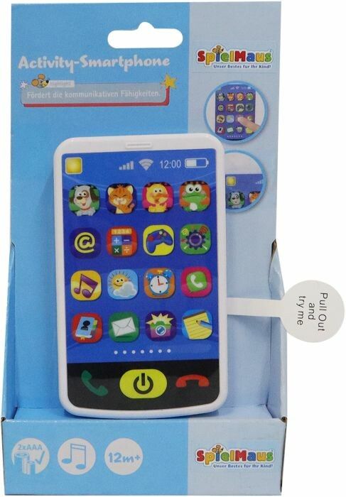 Spielmaus Activity-Smartphone in Verpackung. Weißes Smartphone mit bunten App-Symbolen. Aufdruck "Activity-Smartphone"."Spielmaus" Logo. "Pull Out and try me" Aufkleber.