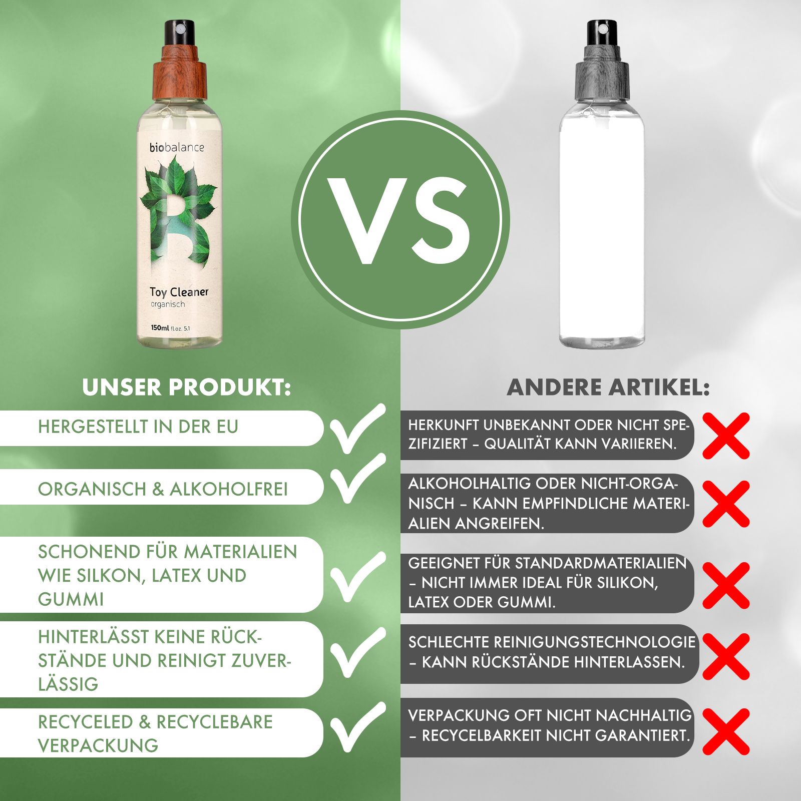 Vergleichstabelle: Unser Produkt vs. Andere Artikel. Unser Produkt: Organisch, alkoholfrei, für Silikon geeignet, recycelbar.