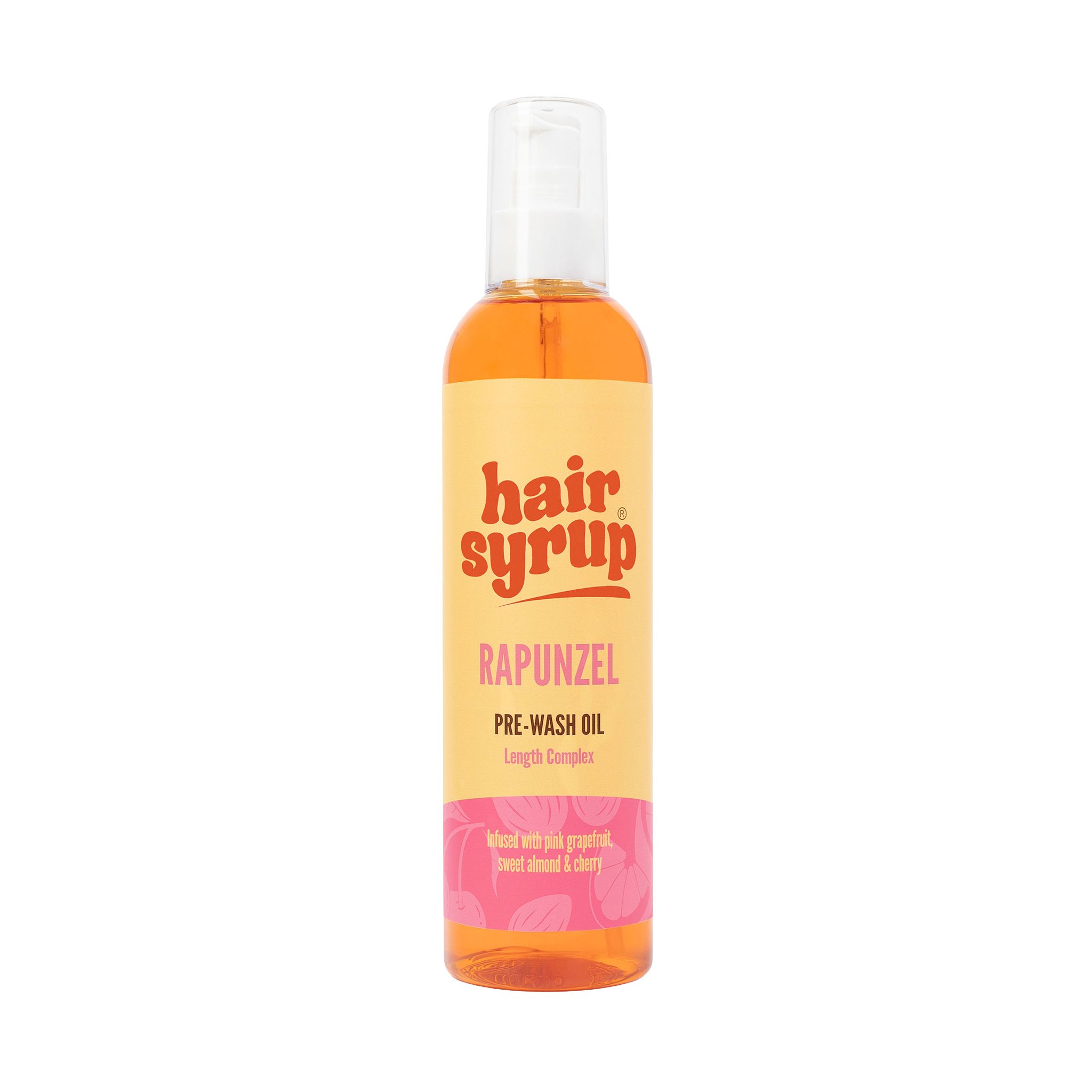 Hair Syrup Rapunzel Pre-Wash Oil Flasche. Gelbe Flüssigkeit, weißer Deckel, rosa Etikett.