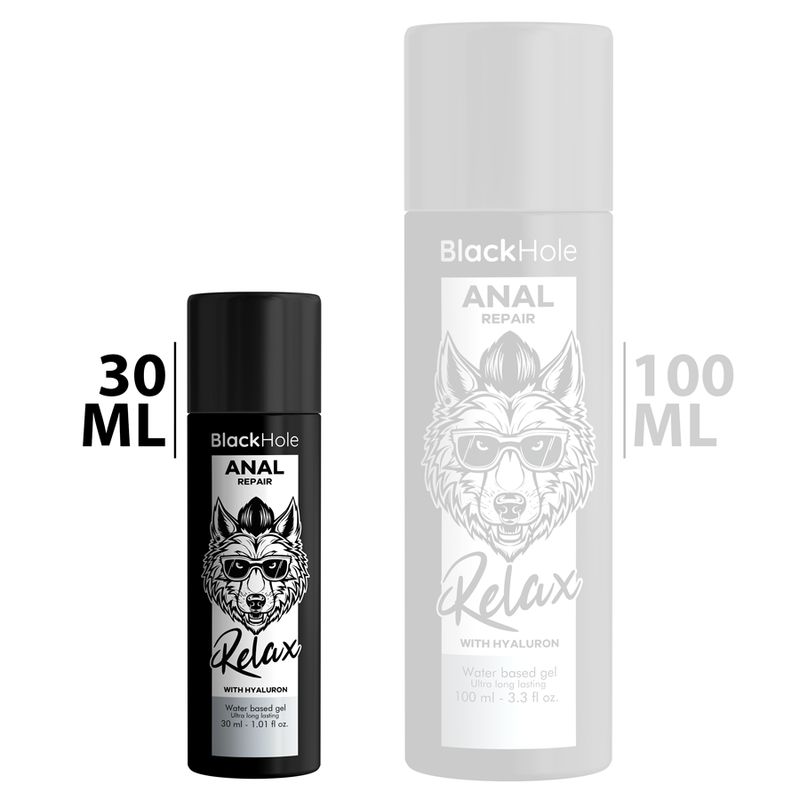 Zwei Flaschen, eine 30 ml, eine 100 ml. Beide mit Etikett: Black Hole Anal Repair, Wolf-Illustration, Relax, mit Hyaluron.