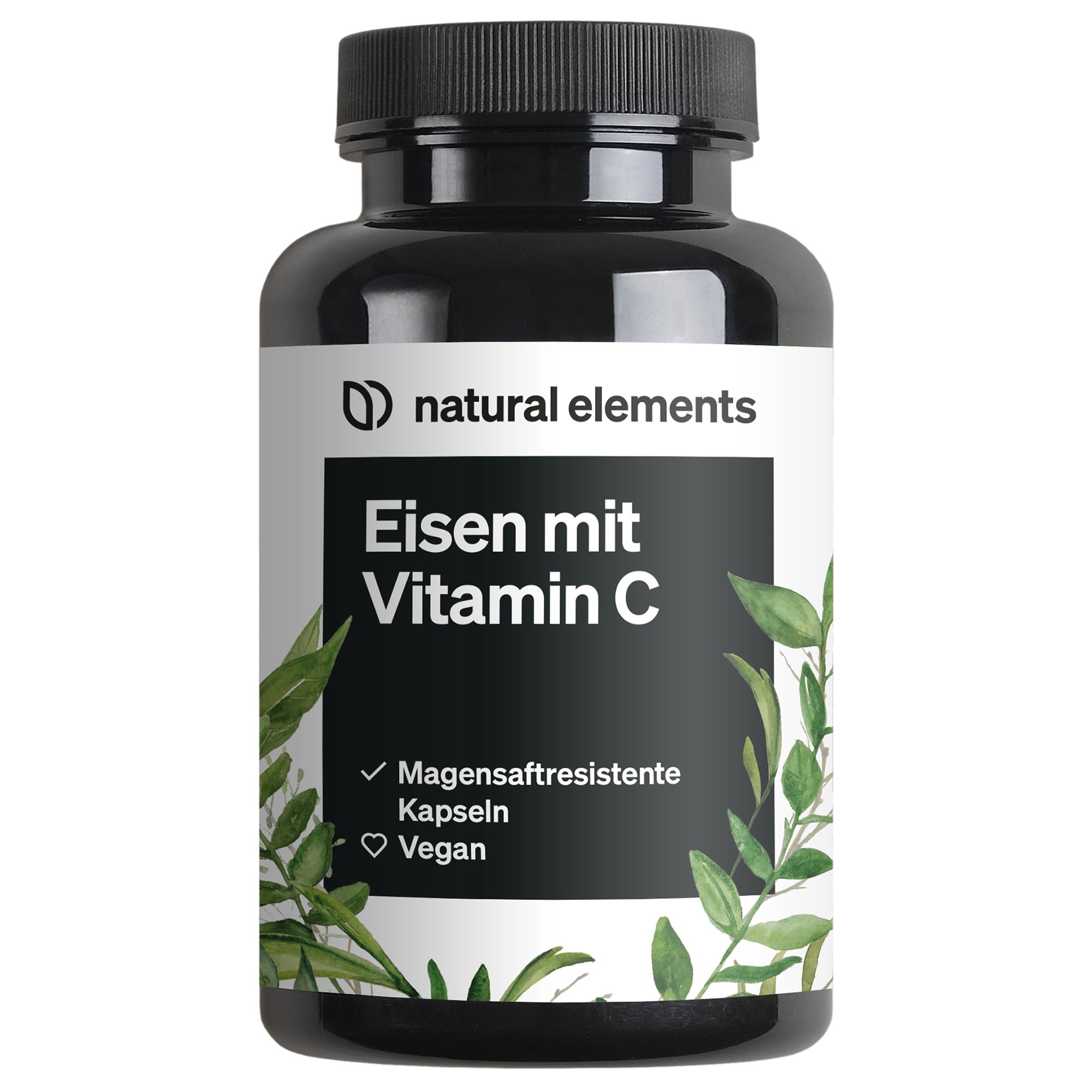 Schwarze Flasche mit weißem Etikett. Aufschrift: Eisen mit Vitamin C. Grünpflanzen-Dekor. Vegan-Siegel.