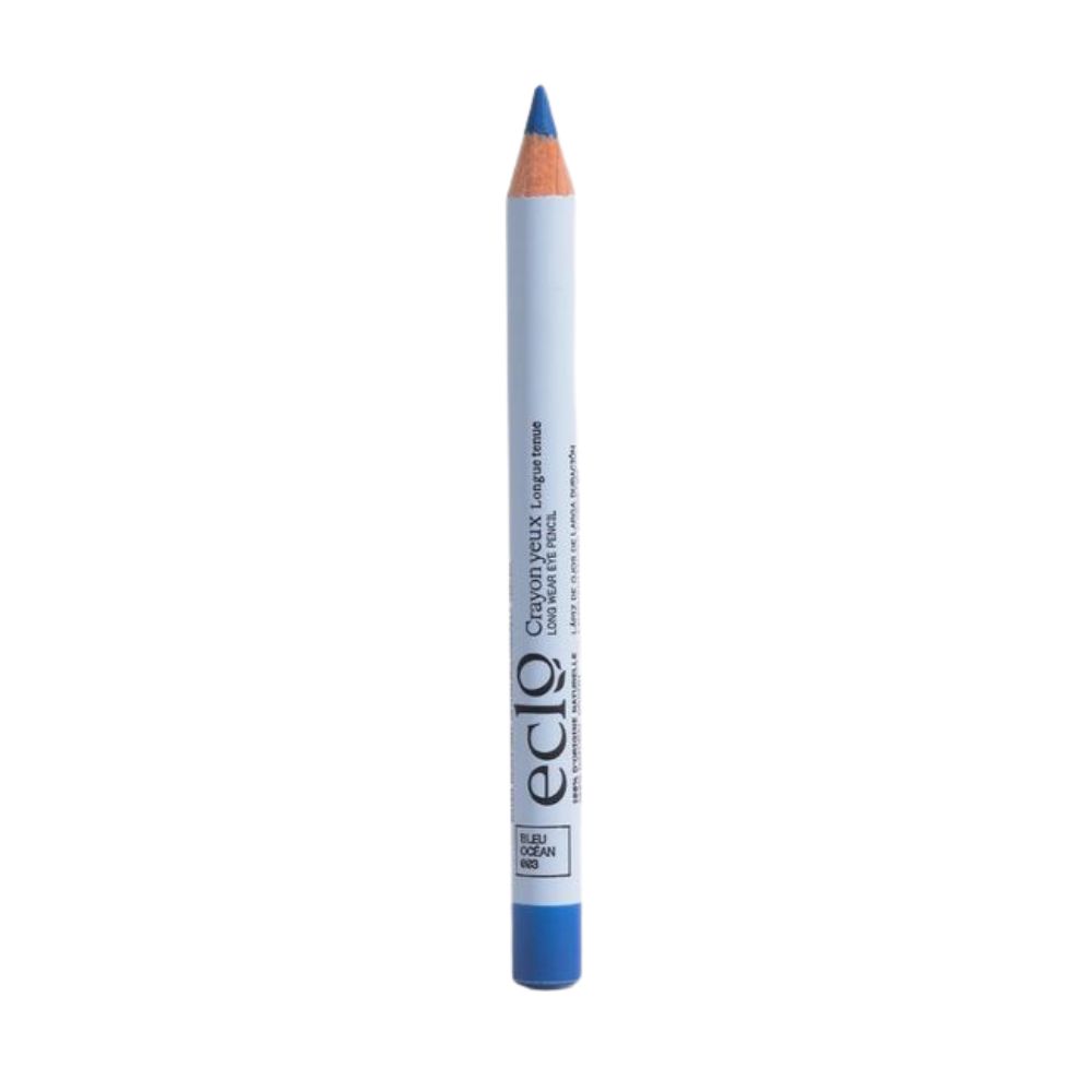 Blauer Eyeliner-Stift. Weißer Schaft mit blauer Spitze und Endkappe. Aufschrift: Eclo, Crayon yeux longue tenue.