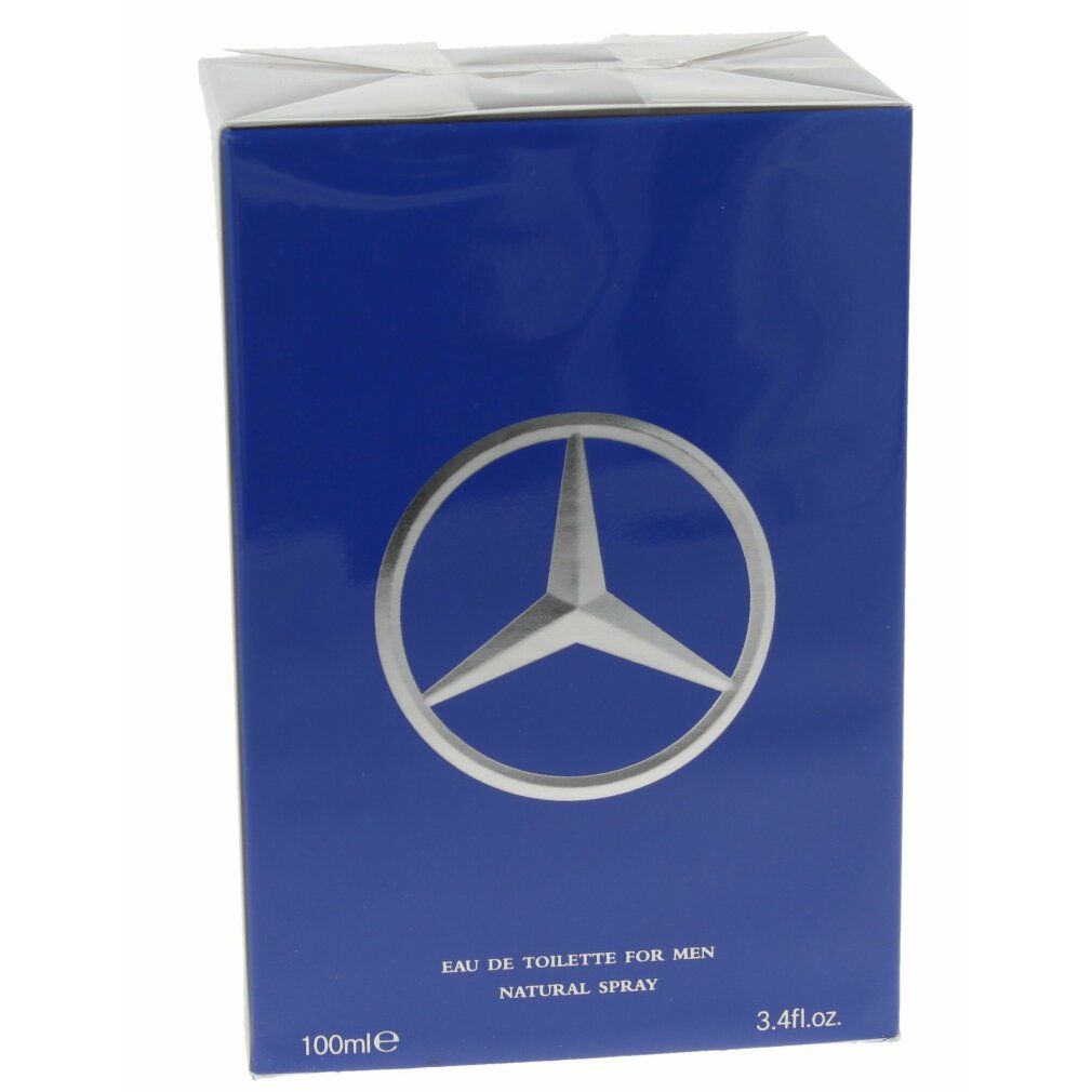 Blaue rechteckige Schachtel mit silbernem Mercedes-Benz-Logo. Text: Eau de Toilette for Men, Natural Spray, 100ml, 3.4 fl.oz.