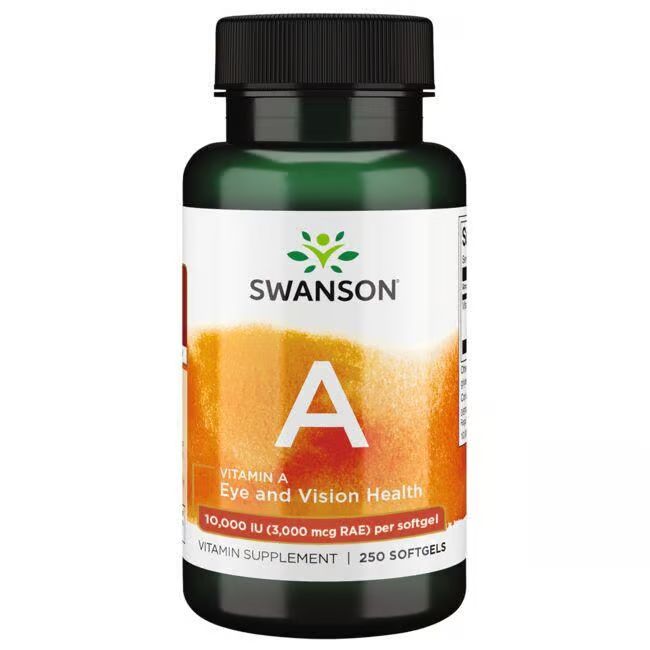 Grüne Flasche mit weißem Etikett. Aufschrift: SWANSON Vitamin A, 10.000 IE. 250 Softgels. Schwarzer Deckel.