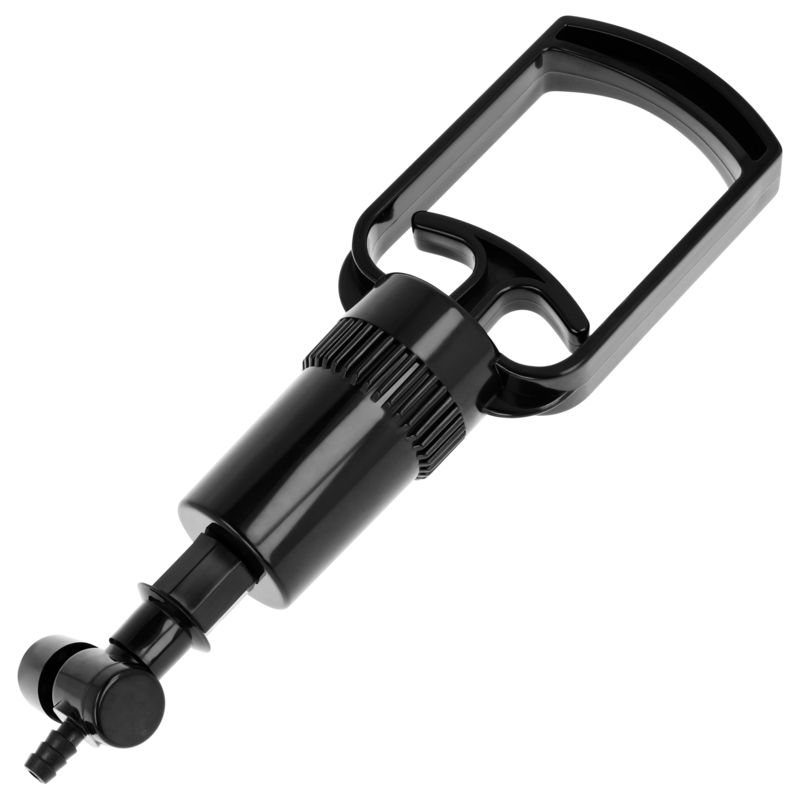 Schwarzer Griff mit Pumpe und Schlauchanschluss. Ergonomisches Design.