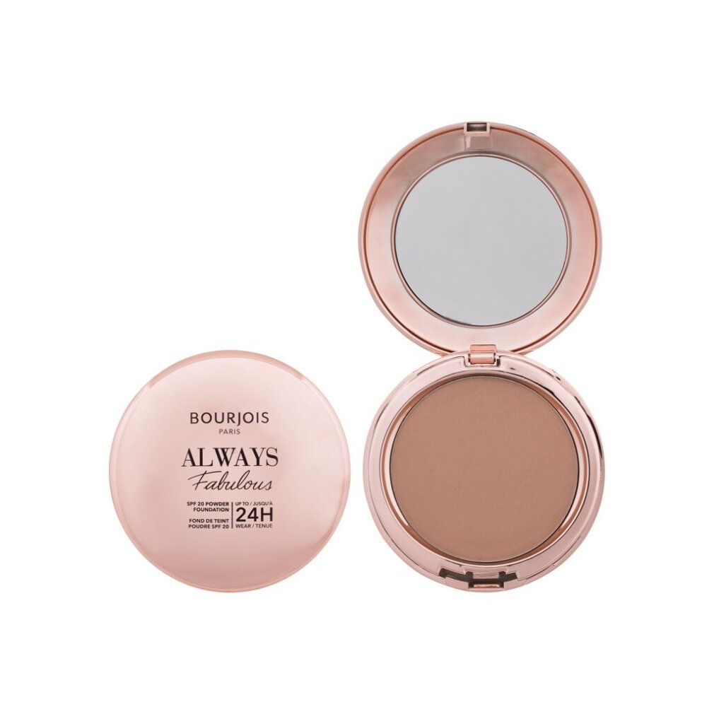 Kompaktpuder mit Deckel. Marke Bourjois, Schriftzug Always Fabulous. Runde Form, roségoldfarbenes Gehäuse. Puder in mittlerem Farbton.