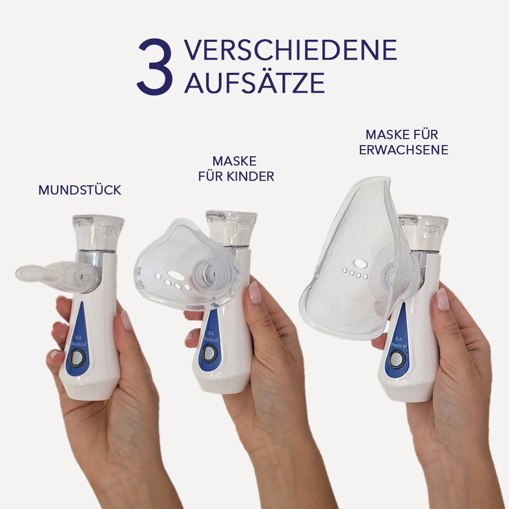 Drei Aufsätze für Inhalationsgerät: Mundstück, Maske für Kinder, Maske für Erwachsene. Text: 3 verschiedene Aufsätze.