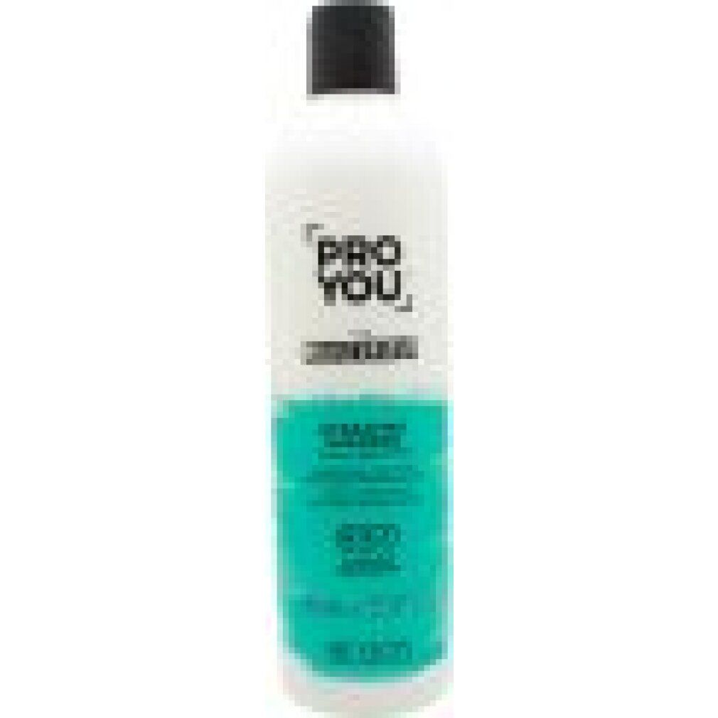 Flasche Revlon Proyou The Moisturizer Shampoo. Weiß, schwarzer Deckel. Text: Hydrating Shampoo, Revlon Professional.