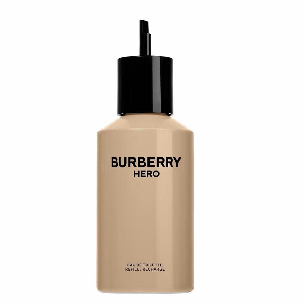 Beige Flakon mit schwarzem Verschluss. Aufschrift: BURBERRY HERO Eau de Toilette Nachfüllbar.