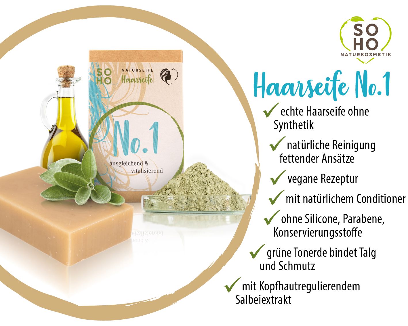 Haarseife No.1 neben Verpackung, Ölflasche, Salbei und Pulver. Text: "Haarseife", Eigenschaften.