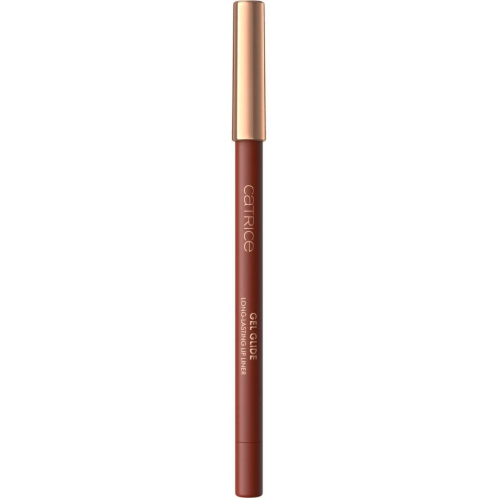 Lippenkonturenstift mit goldener Kappe. Braun. Aufschrift: Catrice, Gel Glide Long-lasting Lip Liner.