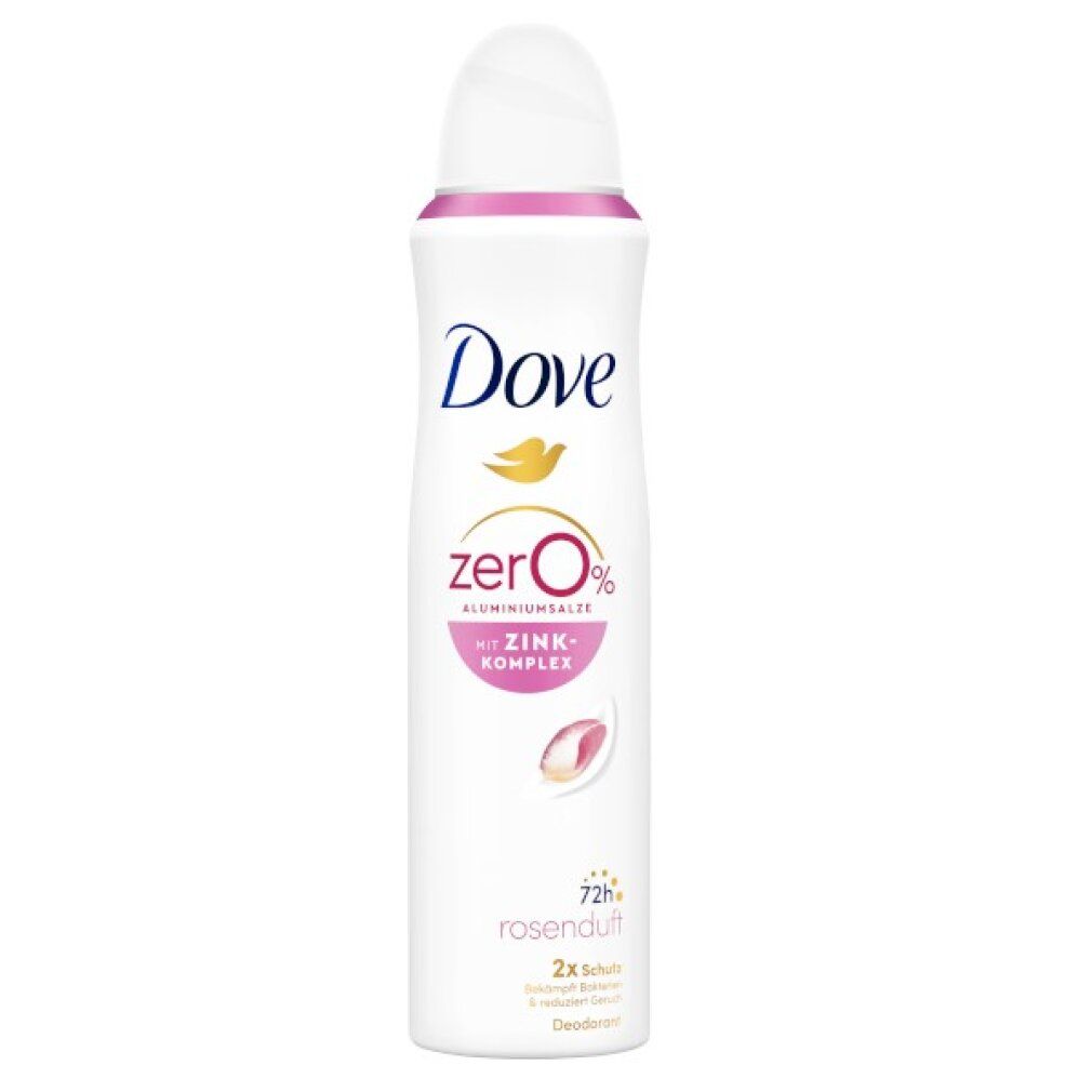 Deodorant-Spray, weiß, rosa Akzente. Dove-Logo, "zero%" und "Zink-Komplex" Schriftzug. "72h Rosenduft".
