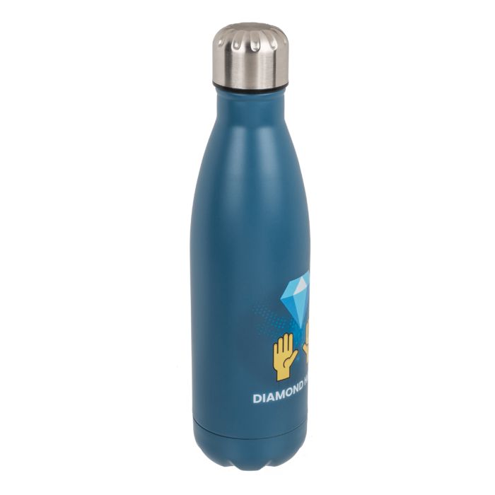 Blaue Trinkflasche mit silbernem Deckel. Aufdruck: Diamant und Hände mit Schriftzug "Diamond Hands".