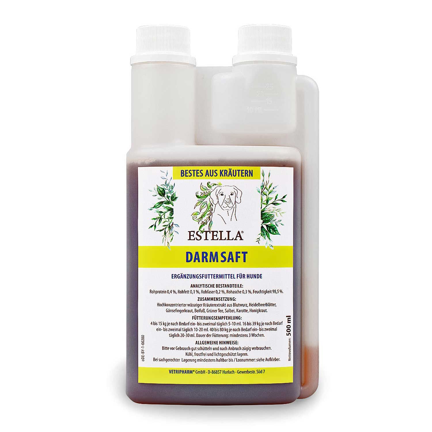 Ergänzungsfuttermittel für Hunde. Flasche mit weißem Deckel und Etikett. Aufschrift: Estella Darmsaft, Bestes aus Kräutern.
