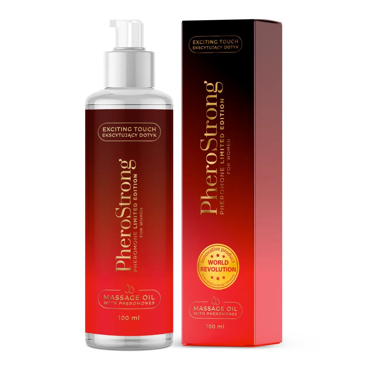 Massageöl-Flasche und -Verpackung. Aufschrift: PheroStrong, Limited Edition für Frauen. Mit Pheromonen. 100 ml.