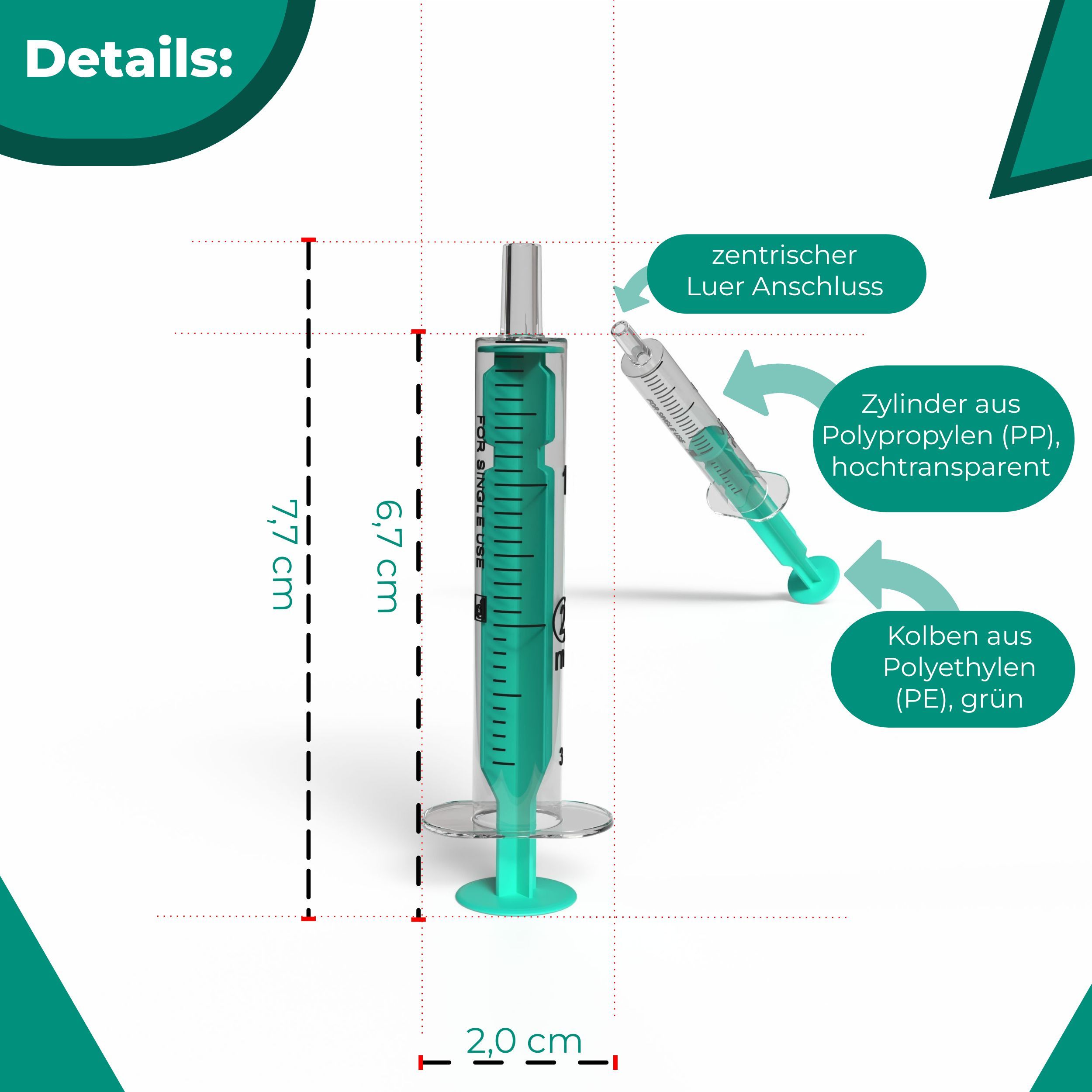 Spritze mit grünen Elementen. Maße: 7,7 cm lang, 2,0 cm breit. Beschriftung: zentrischer Luer Anschluss.