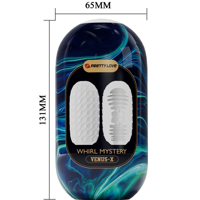 Ovales Produkt mit blau-grüner Verpackung, Text: VENUS-X, PRETTY LOVE. Maße: 131mm x 65mm. Produkt mit wellenförmiger Oberfläche.