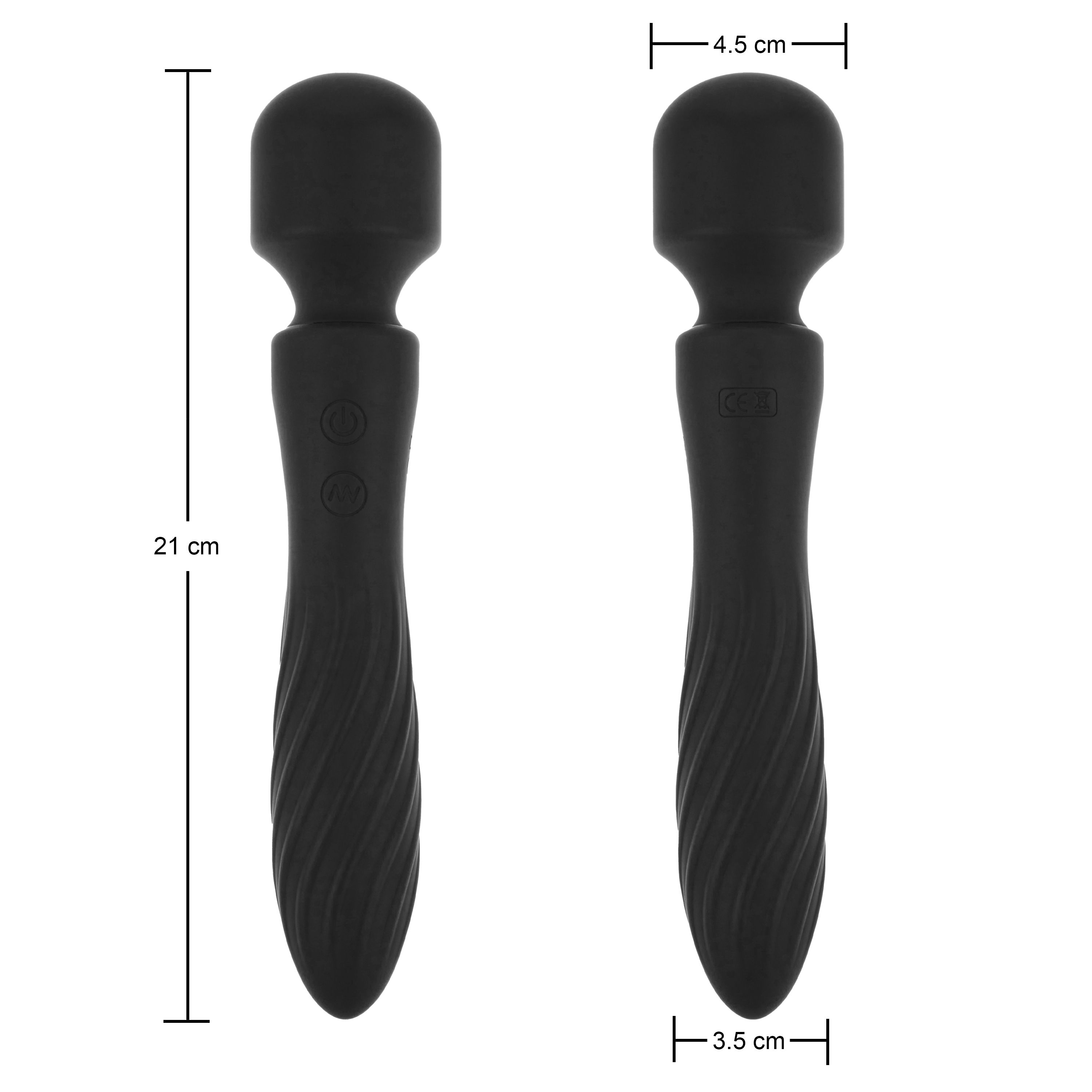 Zwei schwarze Massagegeräte. Abmessungen: 21 cm lang, 4,5 cm Kopfbreite, 3,5 cm Griffbreite.