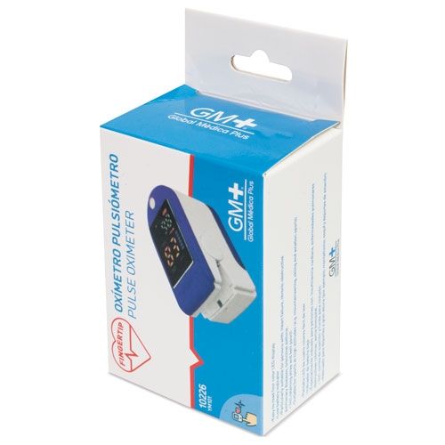 Verpackung eines Pulsoximeters. Marke GM+. Produktname und technische Details aufgedruckt.