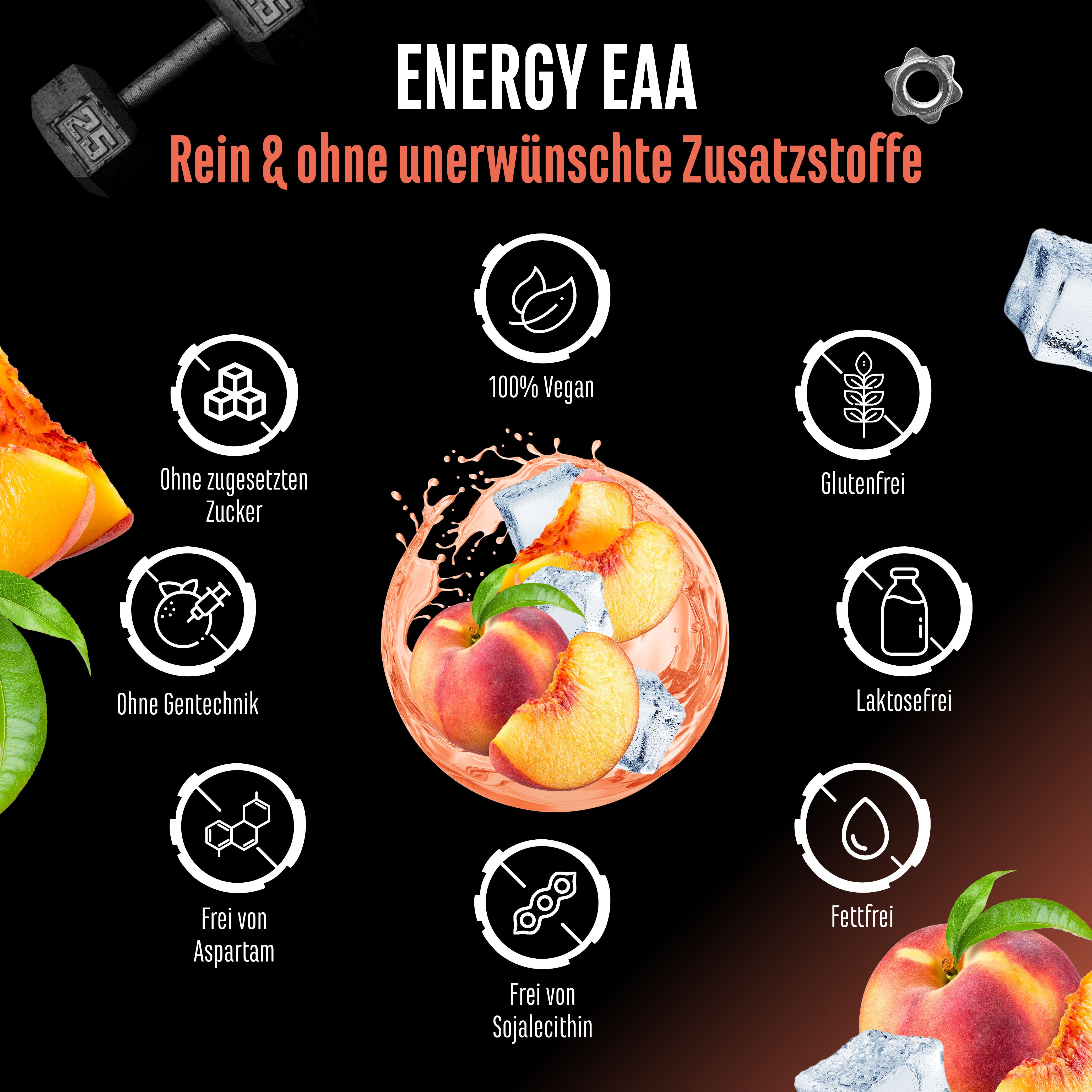 Infografik mit Icons: Ohne Zucker, vegan, glutenfrei, ohne Gentechnik, laktosefrei, ohne Aspartam, fettfrei, ohne Sojalecithin.