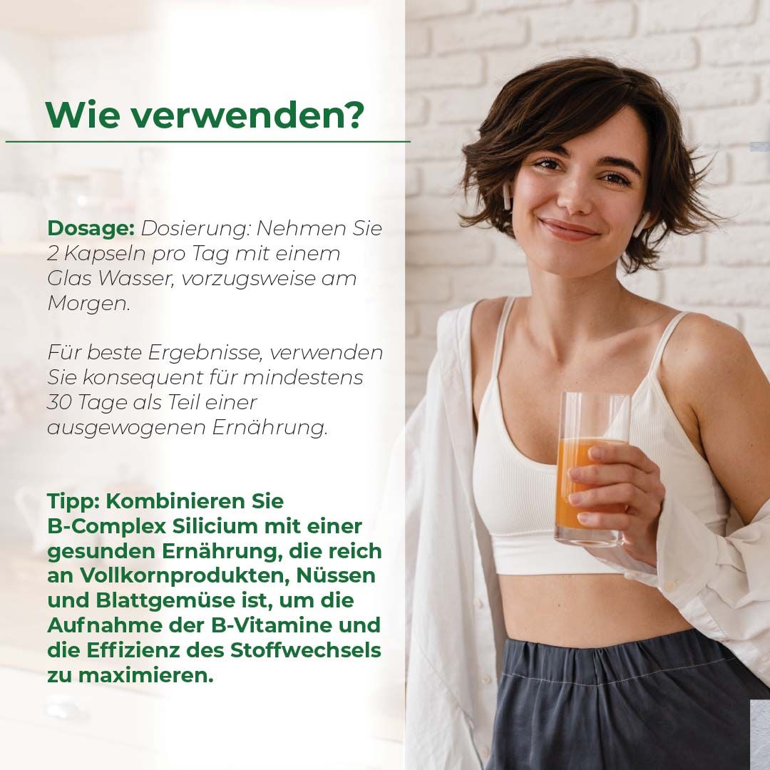 Frau trinkt ein Glas Saft neben Biostile B-Complex + Silicium Anwendungshinweisen.