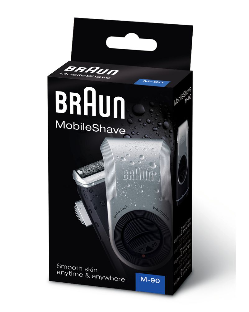 Verpackung des elektrischen Rasierers. Sichtbar: Braun-Logo, Produktname, Produktabbildung.