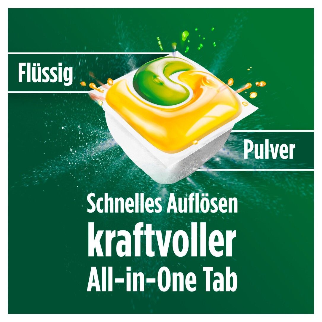 Fairy All-in-One Tab. Gelb-grüne Kapsel mit Flüssig- und Pulveranteilen. Schnelles Auflösen. Kraftvoller All-in-One Tab.