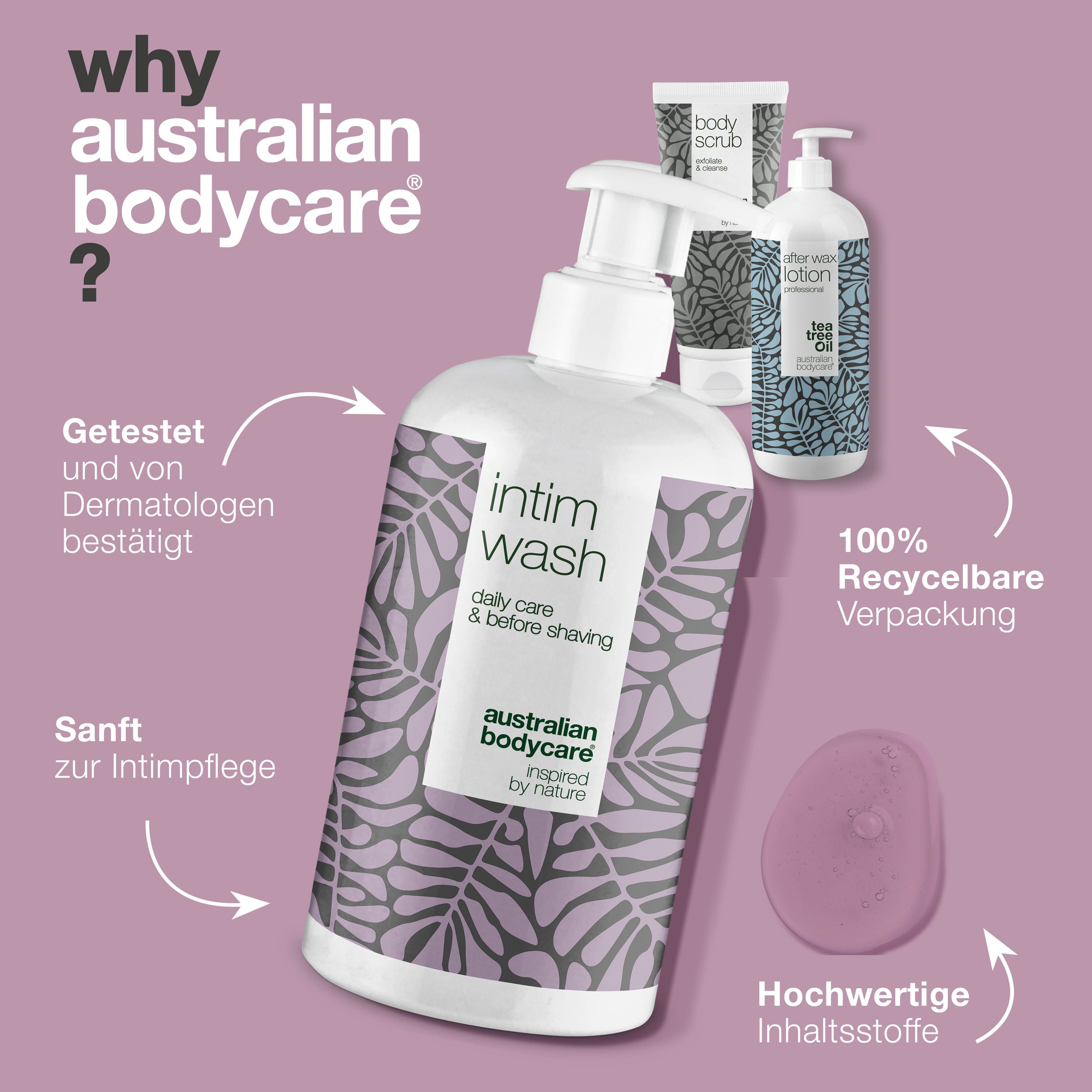 Intim Wash, After Wax Lotion, Body Scrub. Text: Australian Bodycare. Text in Deutsch. 100% recycelbar.