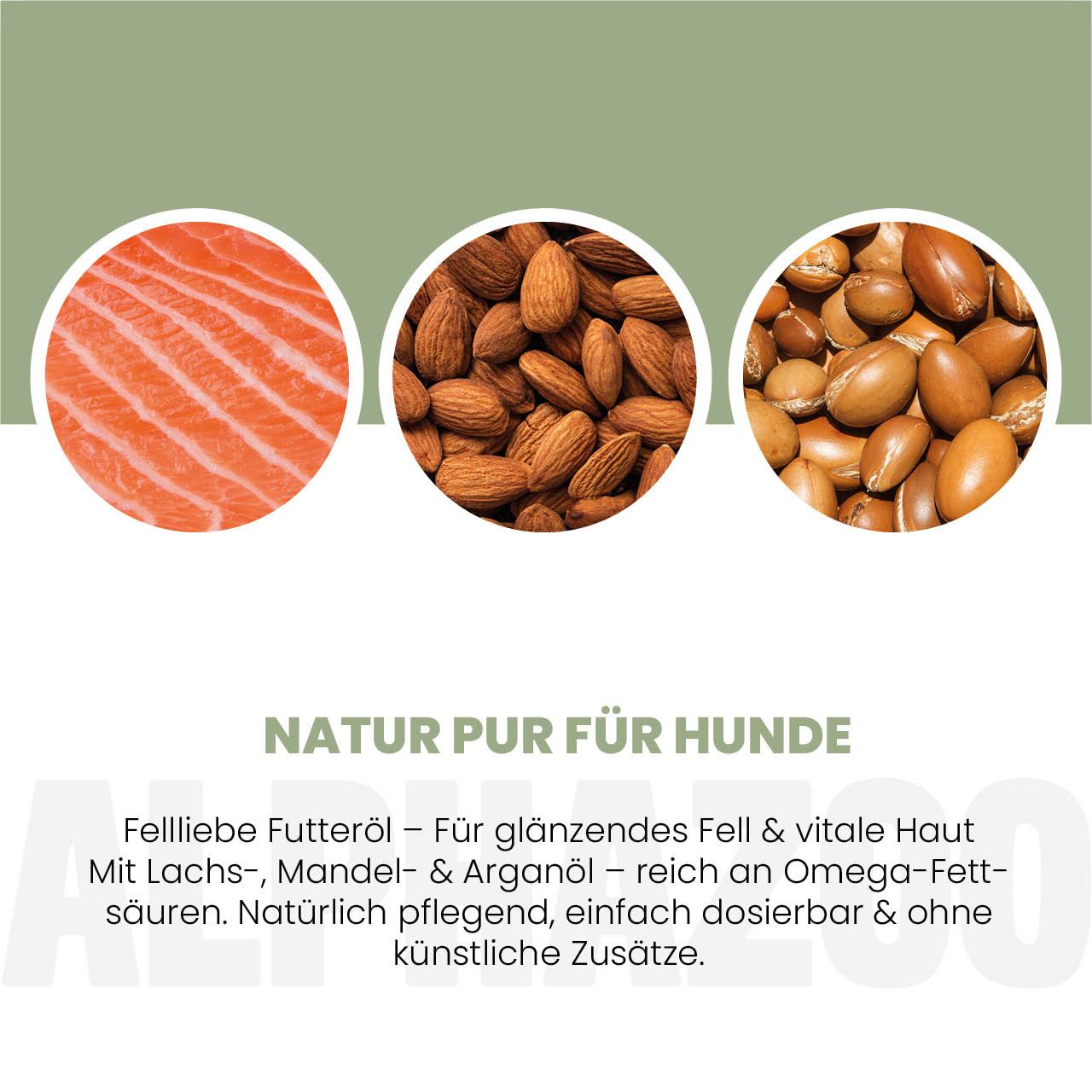 Kreisrunde Abbildungen von Lachs, Mandeln und Argan. Text: Natur pur für Hunde. Fellliebe Futteröl.
