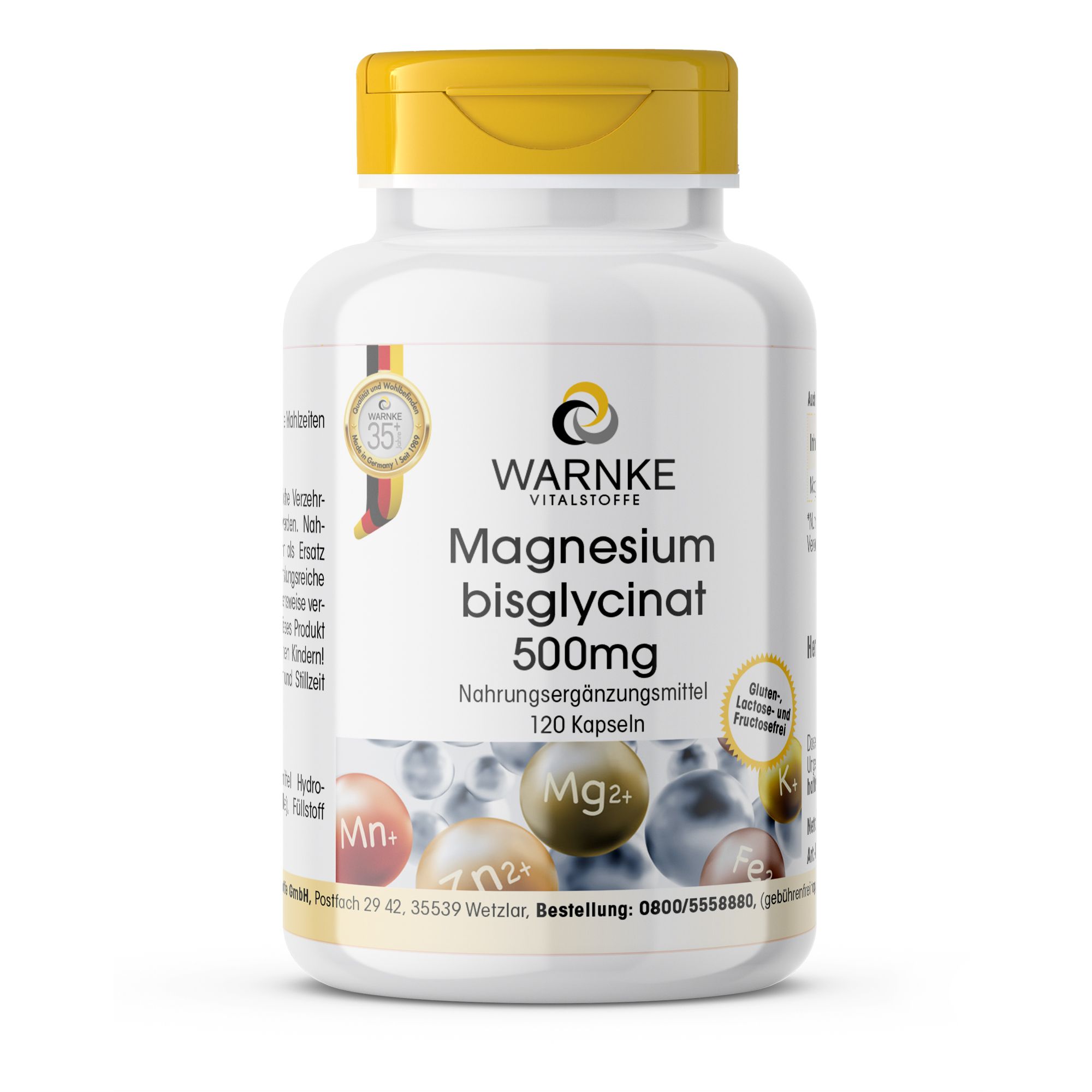 Weiße Flasche mit gelbem Deckel. Aufschrift: Warnke Vitalstoffe, Magnesium bisglycinat 500mg, 120 Kapseln. Siegel.