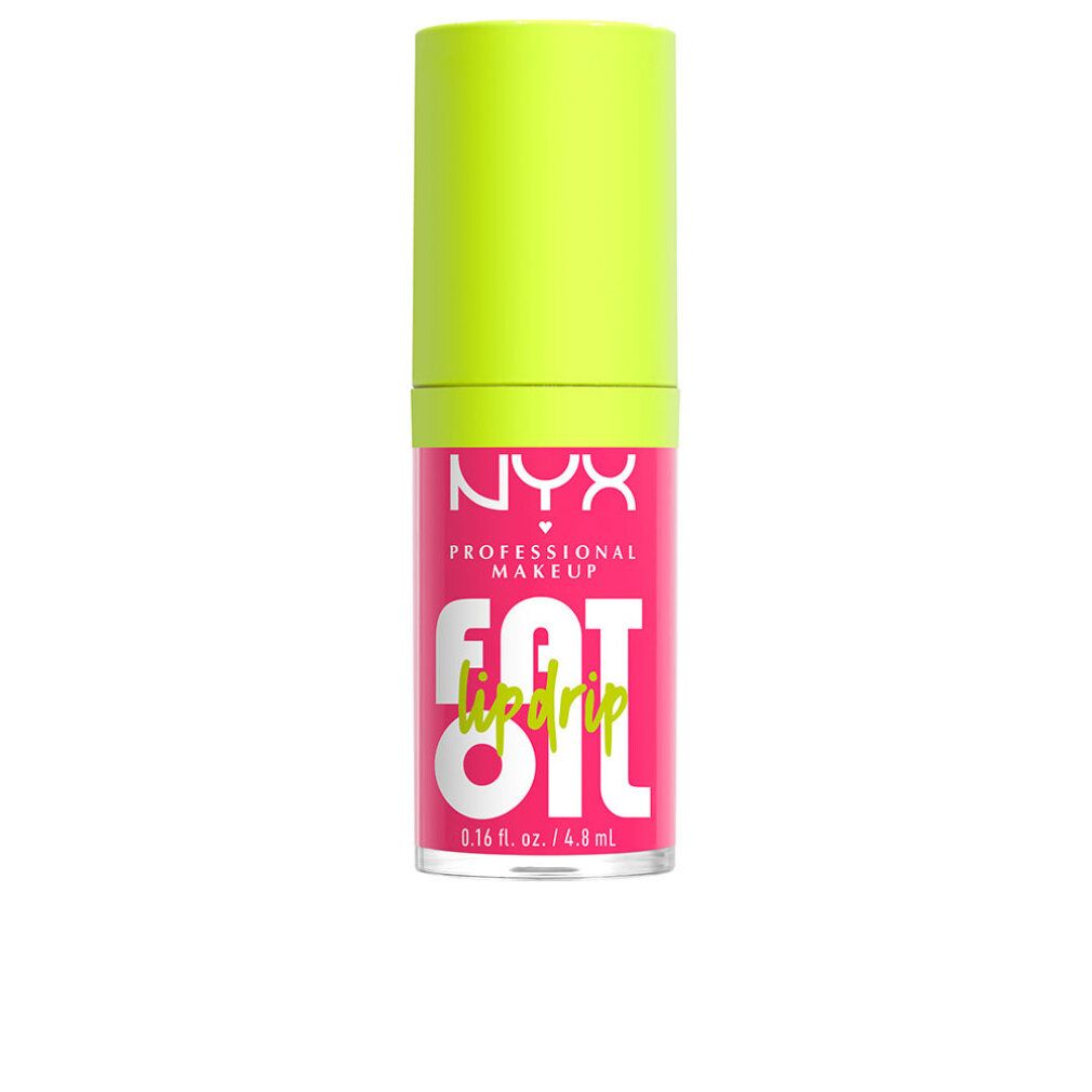 Lippenöl-Tube mit neongrünem Deckel. Aufschrift: NYX PROFESSIONAL MAKEUP, FAT oil lip drip. Rosa Verpackung, transparente Basis. 0.16 fl. oz. / 4.8 ml.