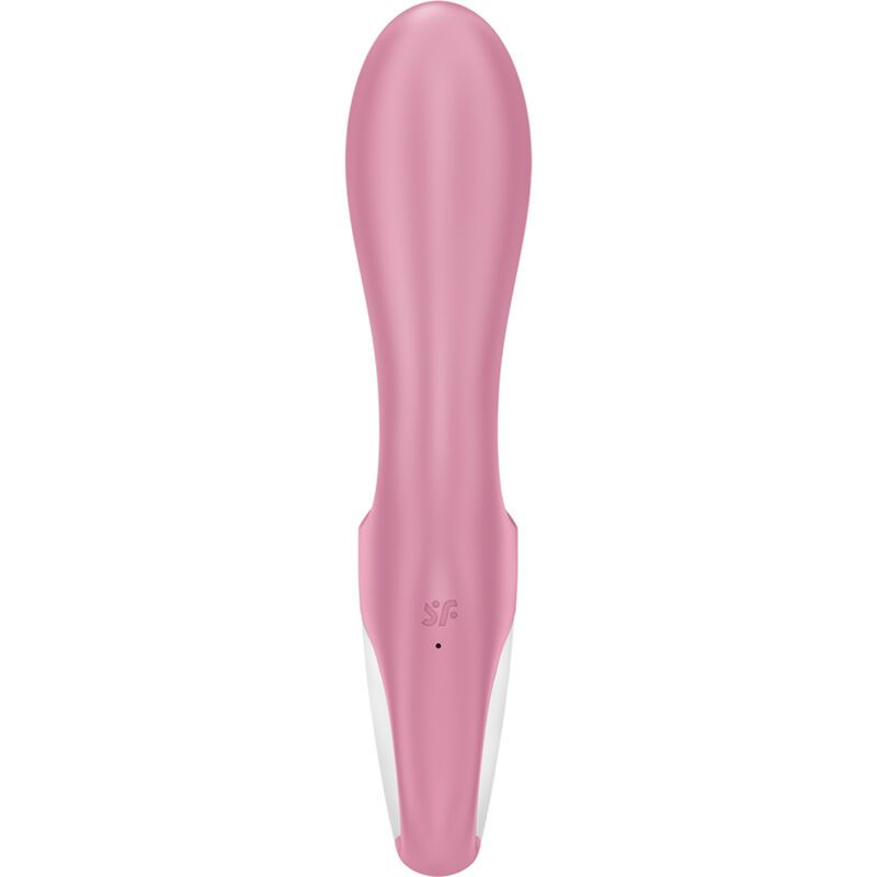 Rosa Vibrator mit weißem Akzent. Die Form ist länglich. Auf der Rückseite ist ein Logo sichtbar.
