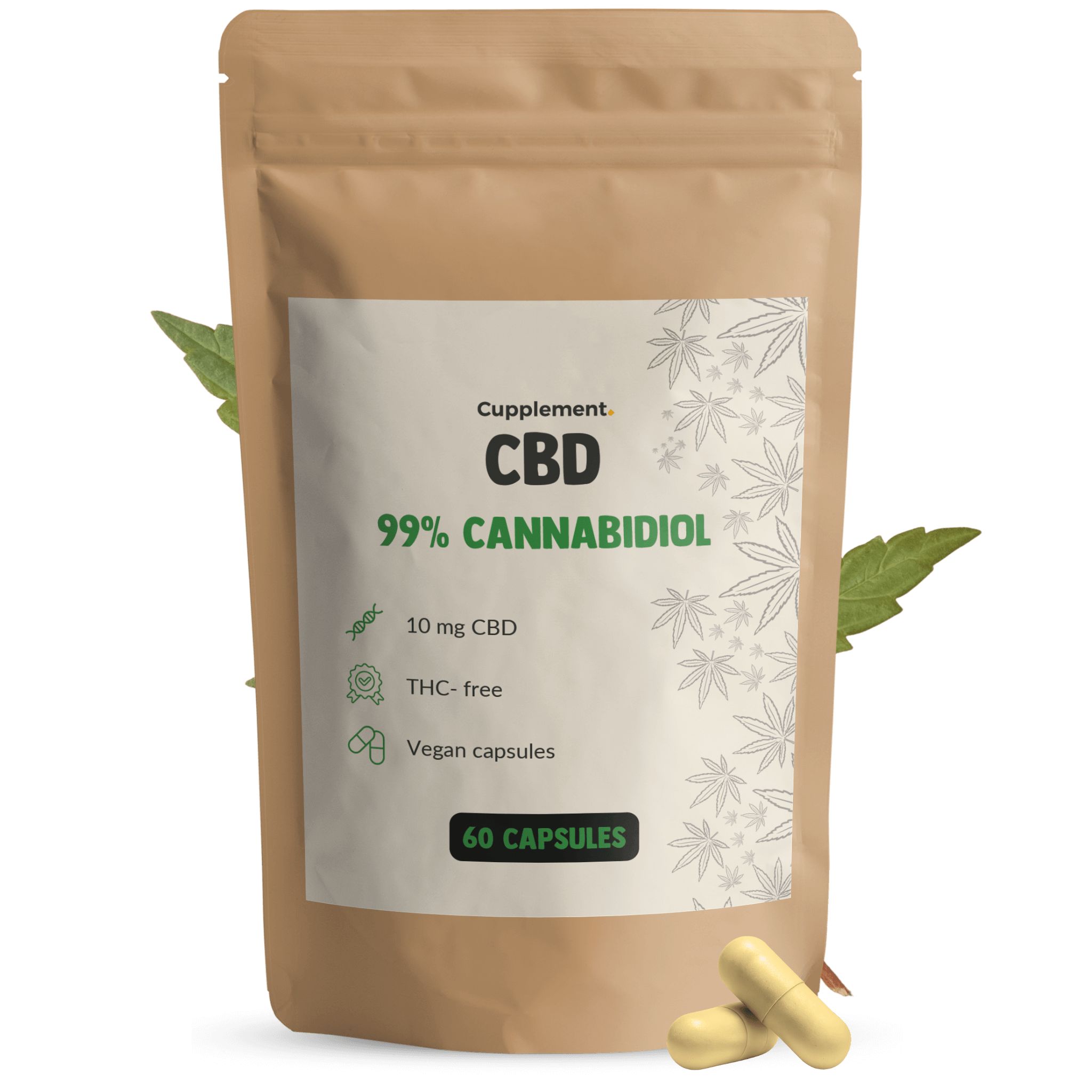 Beutel mit CBD-Kapseln. Aufschrift: Cupplement CBD, 99% Cannabidiol, 10 mg CBD, THC-frei, vegane Kapseln, 60 Kapseln. Zwei Kapseln liegen daneben.