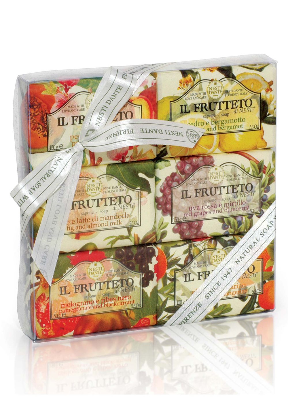 Nesti Dante Il Frutteto Seifen-Set mit sechs Seifen in verschiedenen Frucht- und Blumenaromen.