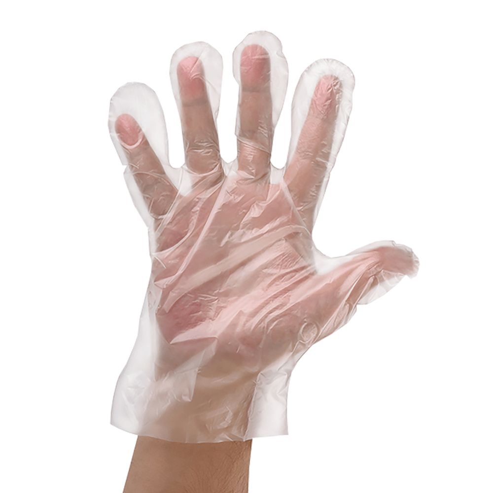 Hand in transparentem PE-Einmalhandschuh. Der Handschuh ist unsteril und gehämmert. Der Arm ist sichtbar.